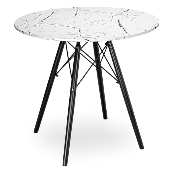 Rundt spisebord, 80 cm, hvid marmorplade, sorte ben