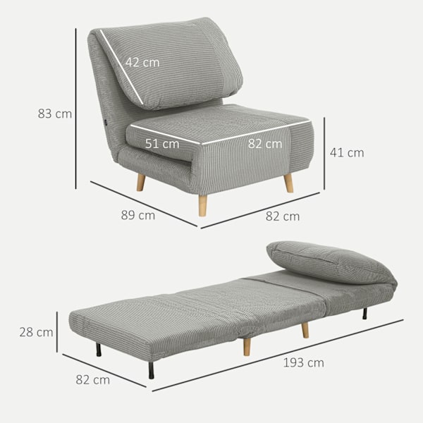 2-i-1 bäddsoffa, stolsäng, justerbar hopfällbar madrass, gästsäng i manchesterlook, för sovrum, vardagsrum, grå 82 x 89 x 83 cm