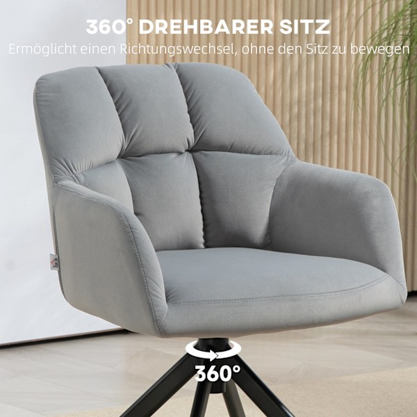 Fåtölj Swivel Lounge Stol med sammetslook Armstöd Swivel Stol med metallben för sovrum Vardagsrum Grå