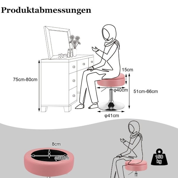 Makeup taburet med opbevaringsplads 360° roterende skammel lavet af imiteret læder pink