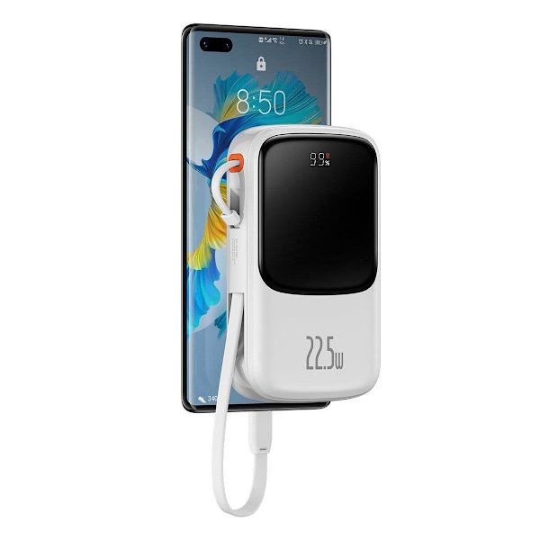 Powerbank pikalatauksella 10000mAh 22,5W QC-PD-SCP-FCP USB-C-kaapeli valkoinen
