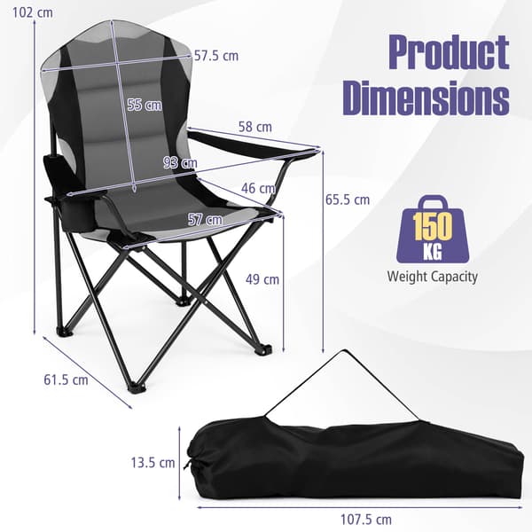 Hopfällbara campingstolar med mugghållare, svarta – 2-pack