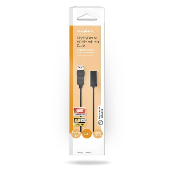DisplayPort kaapeli | DisplayPort uros | HDMI™ Ulostulo | 4K@30Hz | Niklattu | 0.20 m | Pyöreä | PVC | Musta | Laatikko