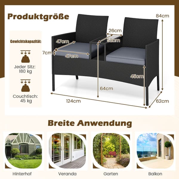 2-sits polyrattan trädgårdsbänk med bord, grå