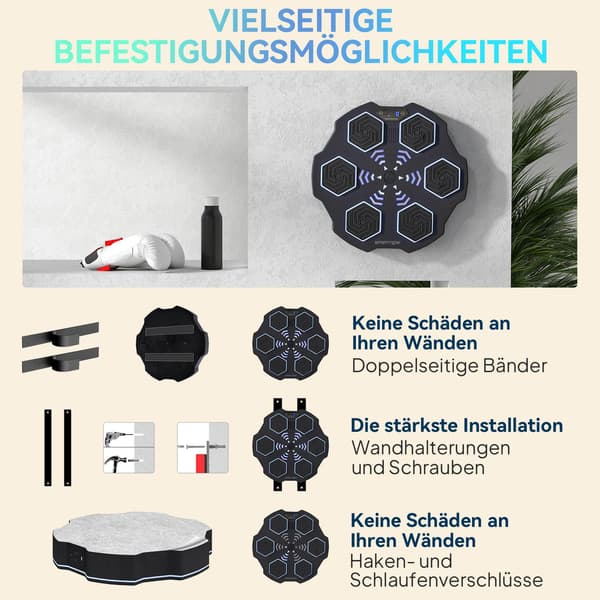 Musikboksmaskine, Bluetooth-højttaler, vægmonterbar, 9 hastigheder og tilstande, LED-lys, sort