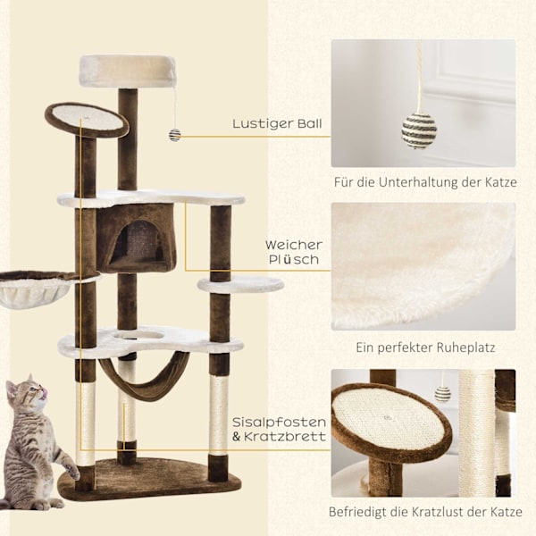 Skrapstolpe Xxl Med Cat Cave & Hammock Multi-Level Cat Tree Multi-Activity Center, Plysch, Brun, 213X91X122Cm
