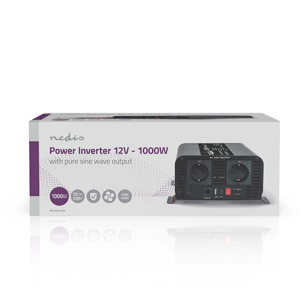 Power Inverter Pure Sine Wave | Ingångsspänning: 12 V DC | Enhetens strömutgångsanslutningar: Typ F (CEE 7/3) / USB-A / USB-C™ | 230 V AC 50 Hz | 1000