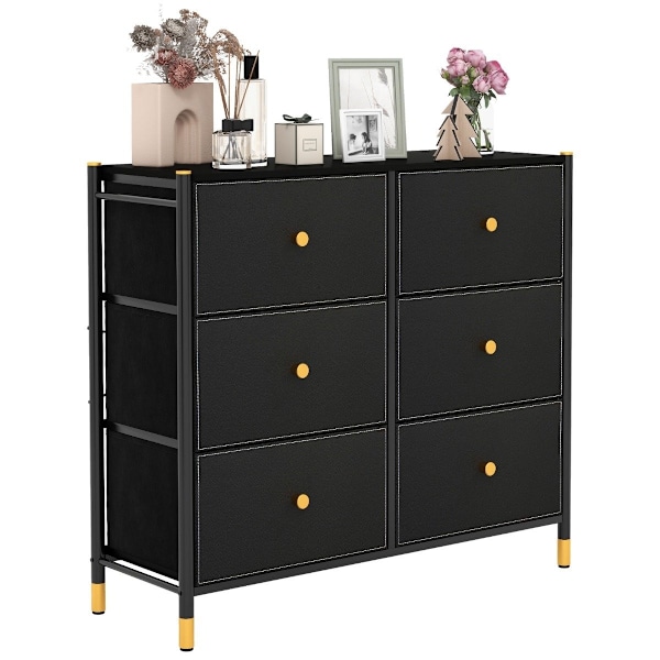 Kommode til soveværelse med 6 skuffer høj stof kommode med metalramme 89 x 30 x 76,5 cm sort