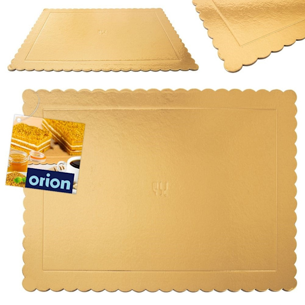 Rektangulär tårtbricka 40x30 cm i guldglänsande kartong