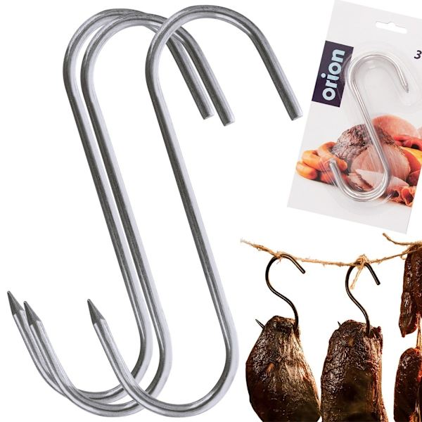 Sæt med tre rygekroge i rustfrit stål til kød, pølser og fisk