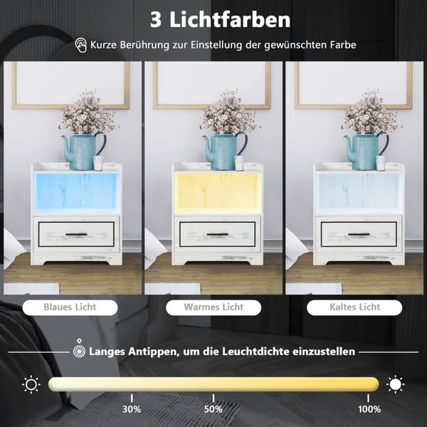 2-delt natbordssæt med LED-lys og USB-oplader