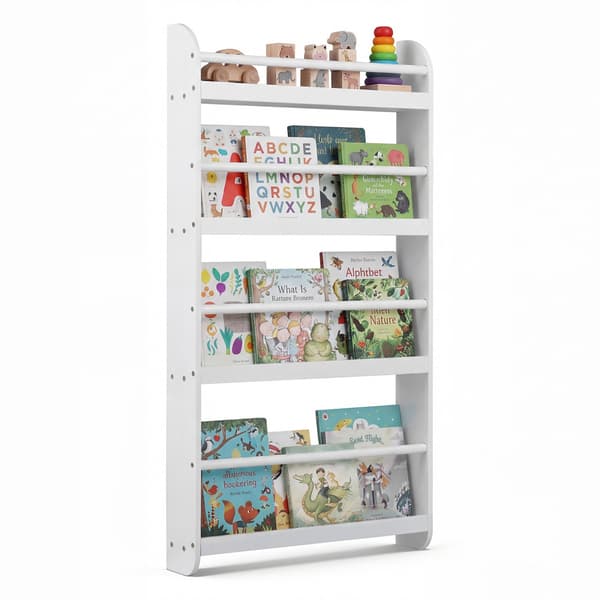 Väggmonterad barnbokhylla, 4 våningar, vit