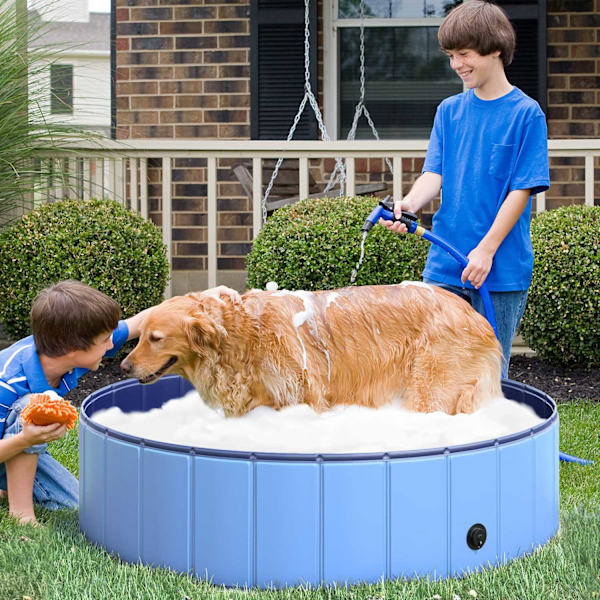 Hundbassäng Stor Plaskdamm För Hundar, Pool Av Pvc + Trä, Blå, Ø120Xh30 Cm, Kyler Av På Sommaren
