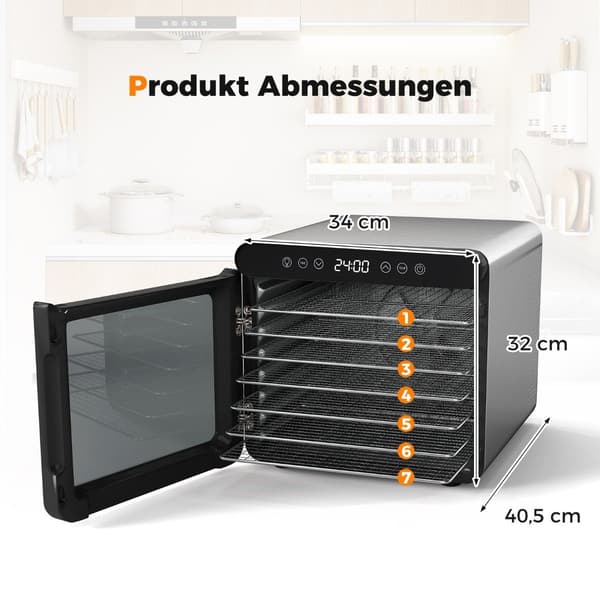 Fødevaretørrer, 600W, 7 bakker i rustfrit stål, 24H timer
