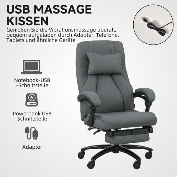 Massagekontorsstol, USB-port, vridbara hjul, mörkgrå