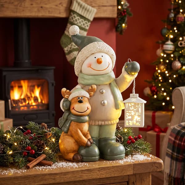Snögubbefigur 43 cm med LED-lykta och timer