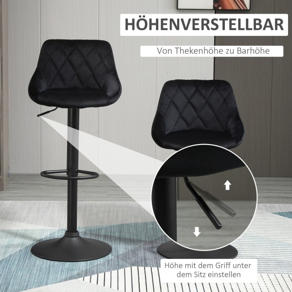 Barstole Sæt Med 2 Højdejusterbar, Sort, Bistro Taburet, Fodstøtte, Ryglæn, Fløjl, Metal, 46X48X83-104Cm