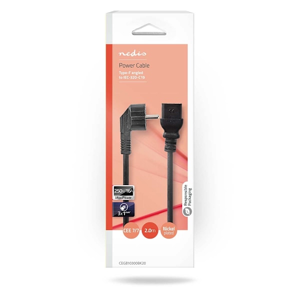Strømkabel | Stikprop med sidebens jord – Han | IEC-320-C19 | Vinklet | Lige | Nikkelplateret | 2.00 m | Runde | PVC | Sort | Box