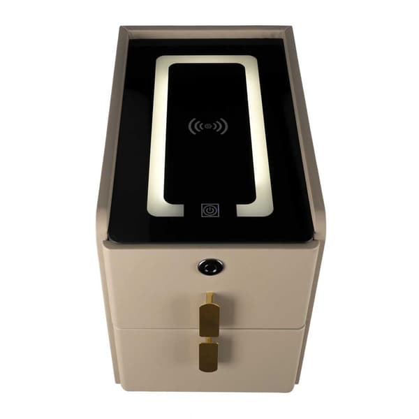 Beige yöpöytä LED-valolla, USB-latauksella, Bluetooth-kaiuttimella