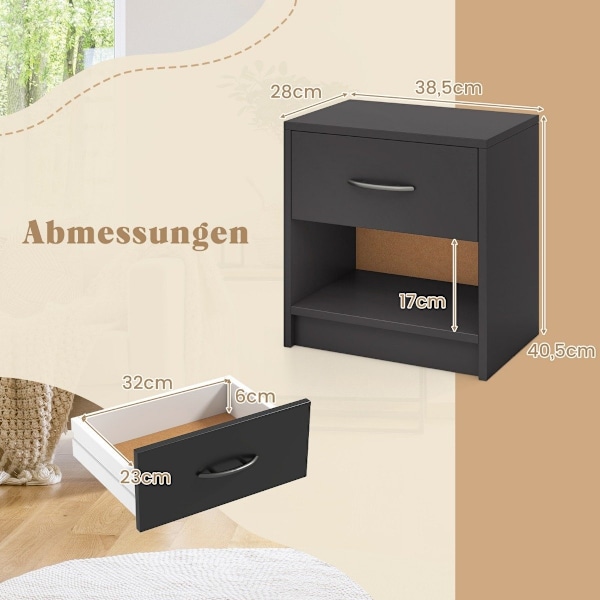 Sengebord med skuffe Lille sidebord med åbent rum 38,5 x 28 x 40,5 cm Grå