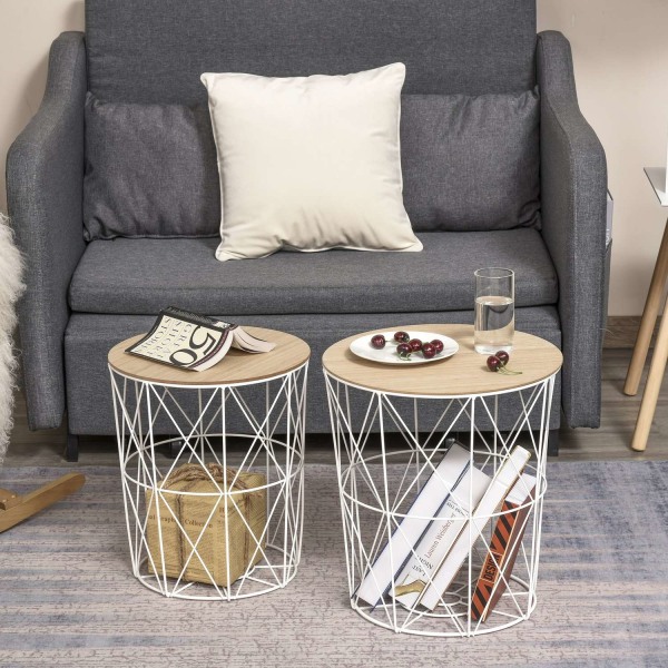 Sæt Med 2 Sofaborde I Natur & Hvid Sidebord 2-Delt, Mdf + Metal, Til Stue & Soveværelse, Ø40 X H45 Cm