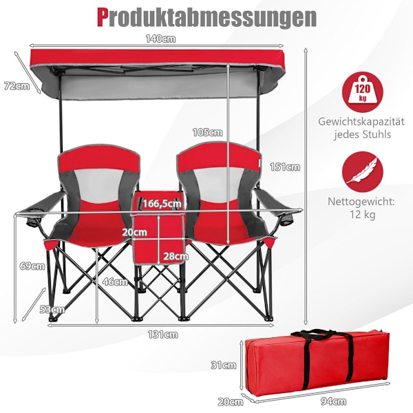 2-paikkainen retkeilytuoli aurinkosuojalla minipöytä kokoontaitettava kalastustuoli kantolaukulla 166 x 71 x 151 cm punainen