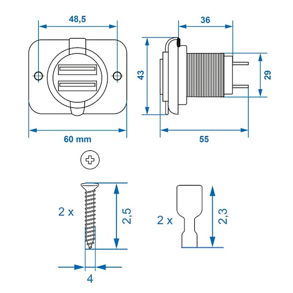 USB-portti kaksinkertainen uppoasennus tyyppi A 3100mA 12V/24V läpipainopakkauksessa