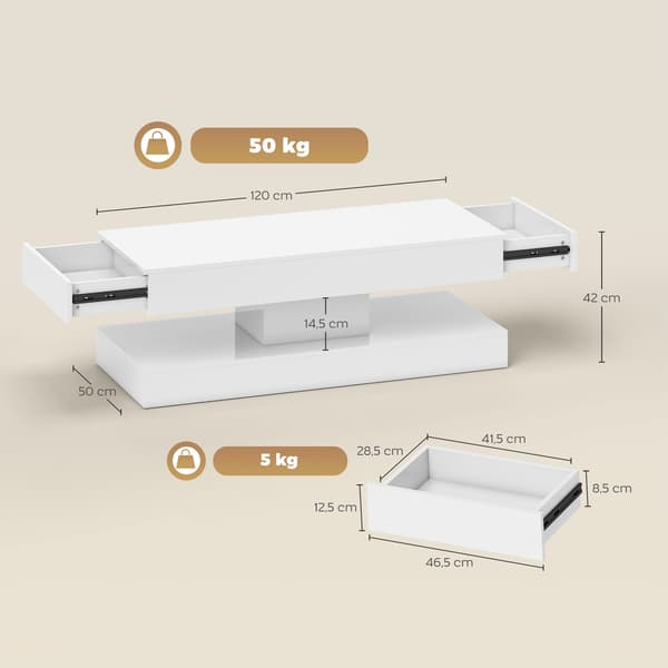 Sofabord med skuffer og LED-lys, Hvid MDF