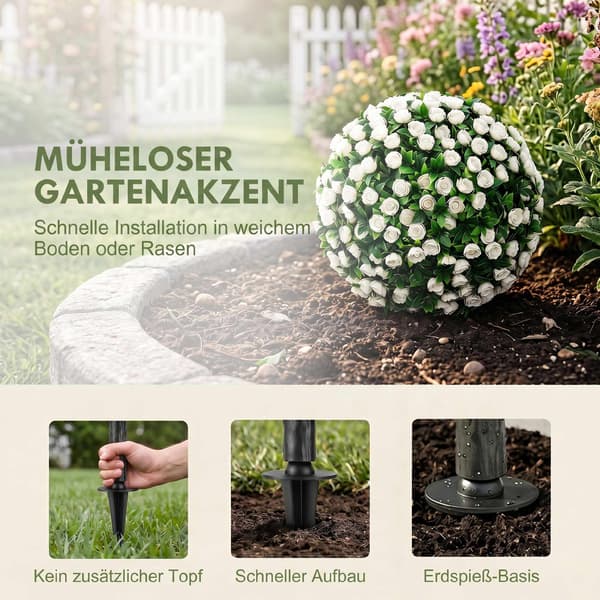 Kunstige rosekugler, topiary-pæle, 2-pak, UV-resistente, hvide