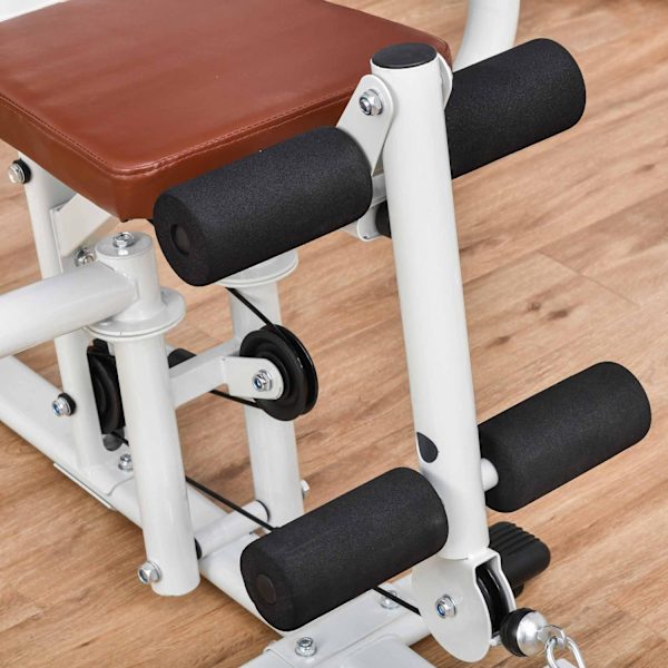 Träningsstation för hemmet, totalt 45 kg, med pressarm, benframkallare, rullkuddar, PU-syntetläder, 150 x 110 x 210 cm, vit