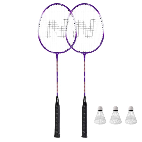 Badmintonset: 2 aluminiumracketar, 3 fjäderbollar, lock