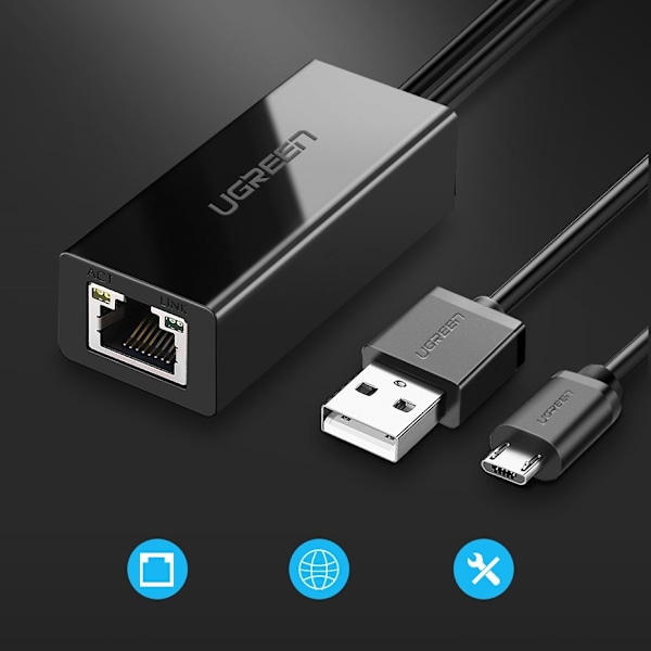 Eksternt LAN micro USB netværkskort 100Mbps til Chromecast 1m sort