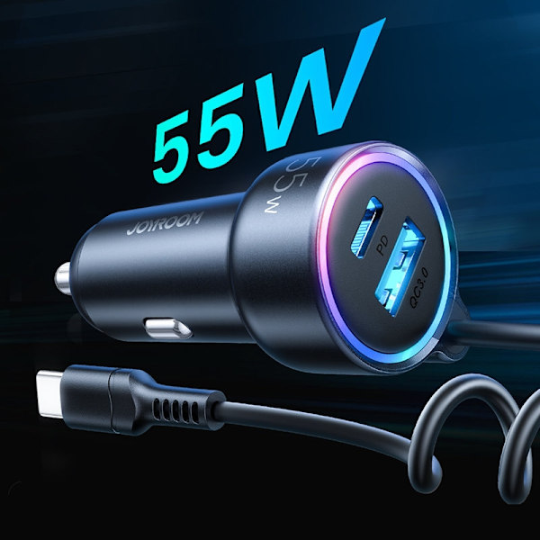 Hurtig 3i1 biloplader med USB-C kabel 1,5m 55W sort