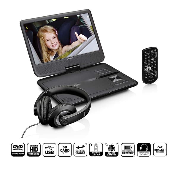 Bærbar 10" DVD-afspiller med USB og hovedtelefonbeslag