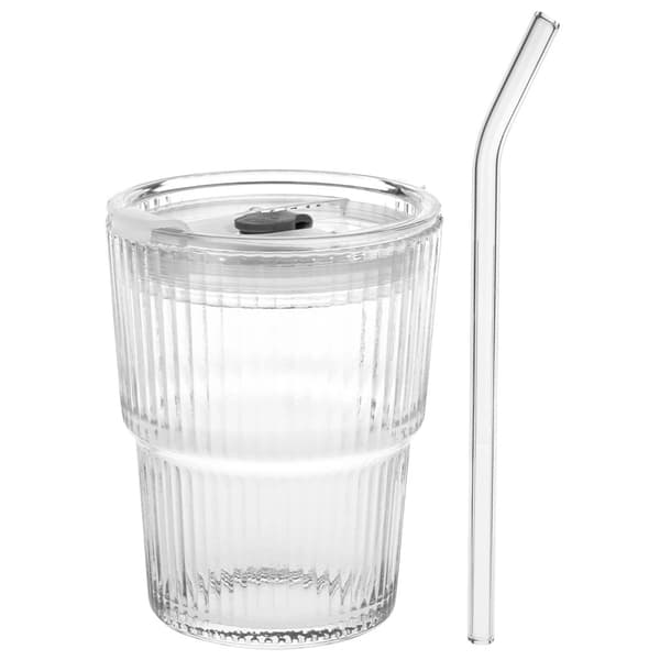 Glasmuggset med lock och sugrör, 340 ml, 2-pack