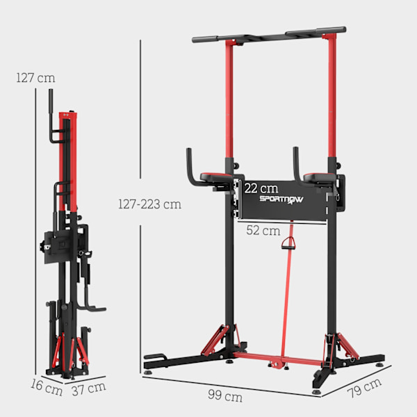 Voimatornin korkeus säädettävissä 127-223 cm, monitoiminen voimatorni, kokoontaitettava vetotorni, vetotanko, voimalaitos max 120 kg, kotiharjoitteluu