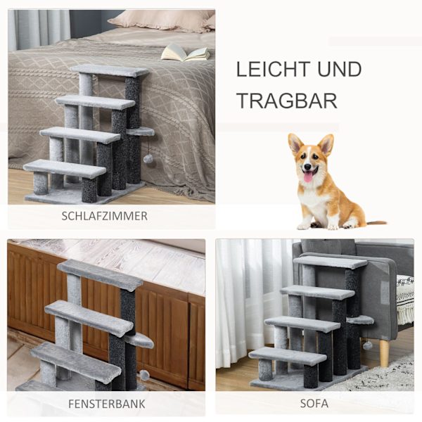 Pet Trappe Kattetrappe Med Kradsestolpe Bold 4-Trins Hundetrappe Dyretrappe Spånplade Plys Jute Grå 60 X 40 X 64 Cm