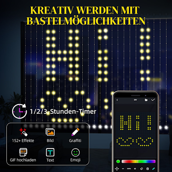 Fairy Lights 3×3m 400 LED Valoverho säädettävällä kirkkaudella Musiikin synkronointi Kohtaustilat Ajastintoiminto Fairy Lights Verho sisäkäyttöön ulko