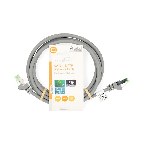 Cat 8.1 netværkskabel | S/FTP | RJ45 Han | RJ45 Han | 2.00 m | Runde | LSZH | Grå | Label