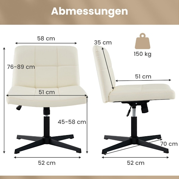 Kontorsstol utan armstöd Skrivbordsstol med bred sits &amp; Rocker funktion konstläder för hemmakontor beige