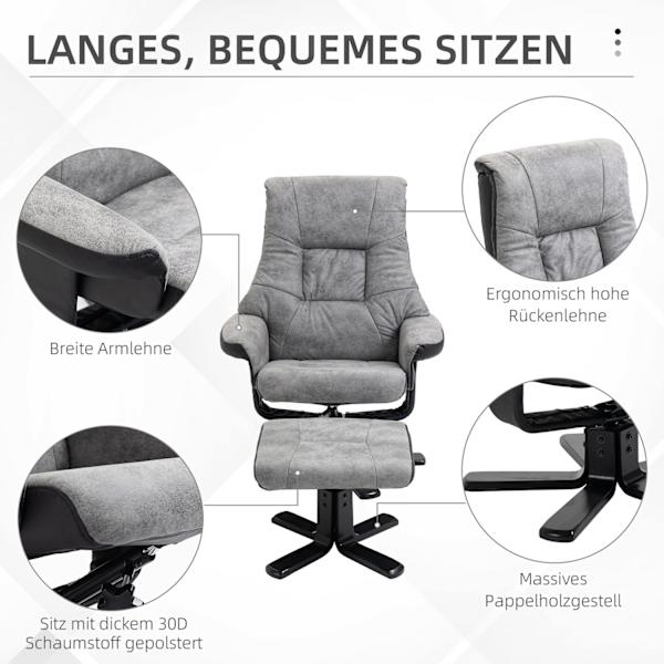 Afslapningsstol med skammel, roterende tv-stol, tv-stol med lænefunktion, mikrofibergrå, 78 x 82,5 x 109 cm