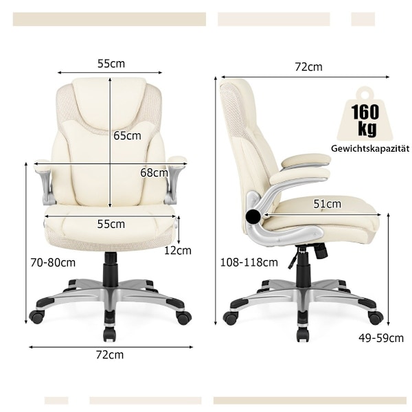 Executive stol drejelig skrivebordsstol lavet af kunstlæder med vippefunktion 72 x 72 x 108-118 cm hvid