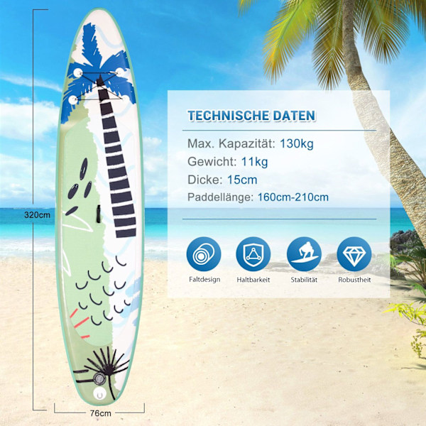 Stand Up Surfboard Uppblåsbar Surfboard Paddle Board 320 x 76 x 15 cm Grön