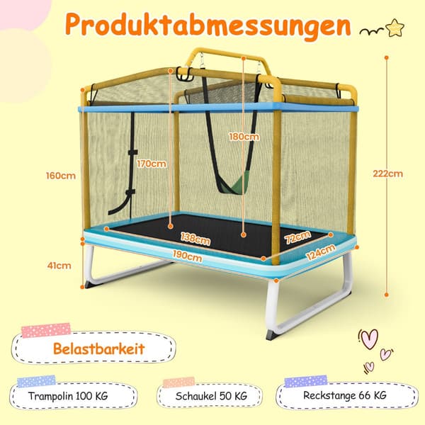 Rektangulär 3-i-1 studsmatta för barn 190 x 124 cm Fritidsstudsmatta med nät Blå + Gul