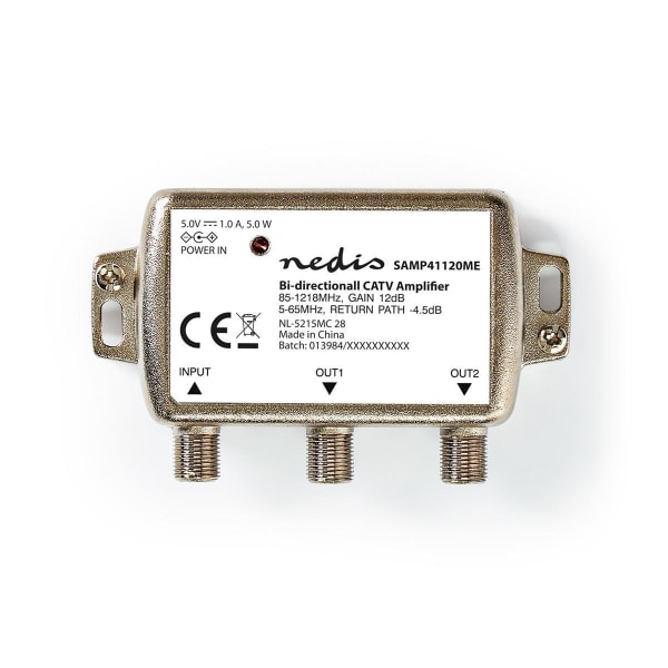 CATV forstærker | Forstærkning: 12 dB | 85 - 1218 MHz | Antal output: 2 | Retur sti | Sølv
