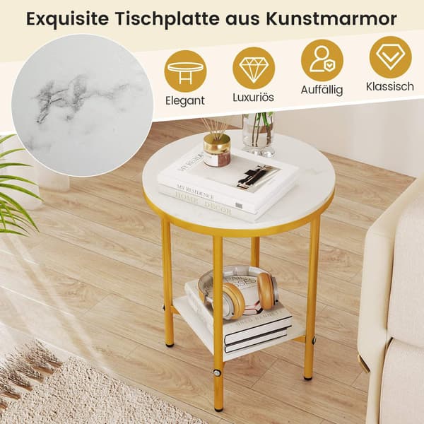Rundt sofabord med marmorlook, 2-lags, hvid/guld