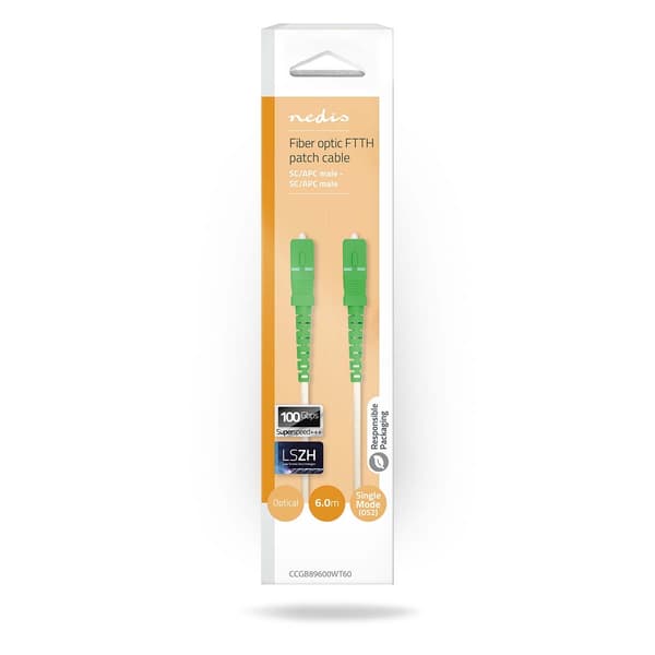 Glasfiber Patch-kabel | SMF (Single Mode Phase) | SC/APC | SC/APC | 100 Gbps | 6,00 m | Vit | Presentförpackning med Eurolås