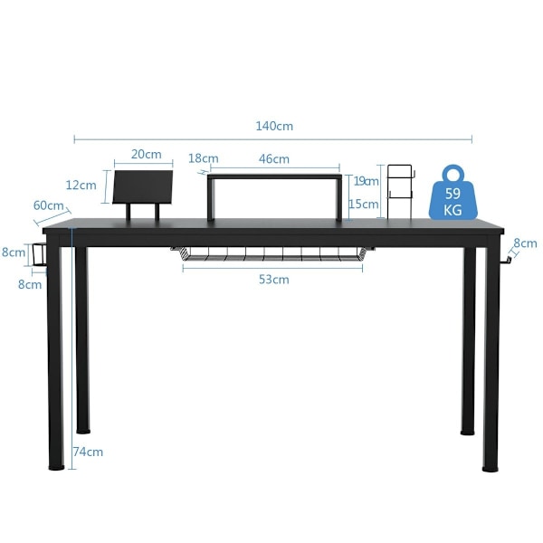 Spillebord 140 cm gaming skrivebord med skærmhylde 155 x 60 x 94 cm sort