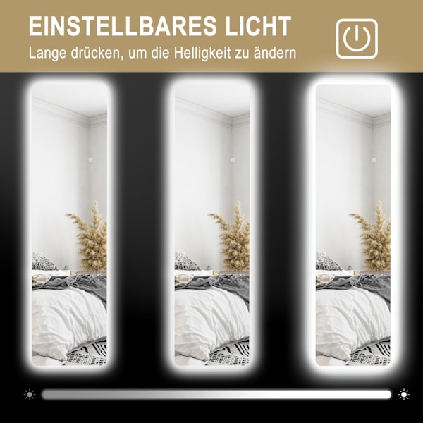 Helkroppsspegel, 150 x 40 cm stående spegel med LED-belysning, 3 ljusfärger, väggspegel med stativ, pekbrytare för sovrum, vardagsrum, transparent