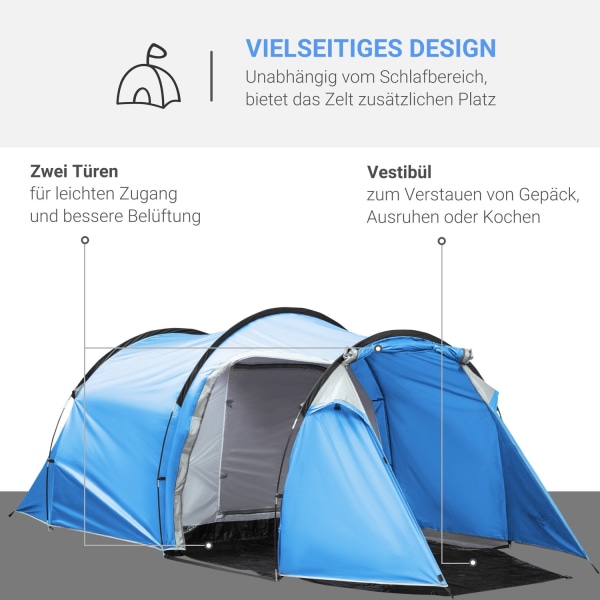 Tunneltelt Til 2-3 Personer 190T Campingtelt Med Pløkker, Glasfiber & Polyester, Lyseblå, 426X206X154Cm